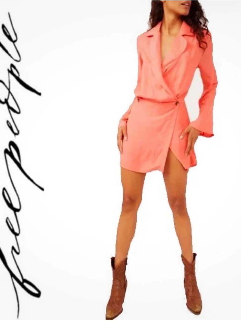 Free People Simone Coral Wrap Mini Dress color lipstick size SP